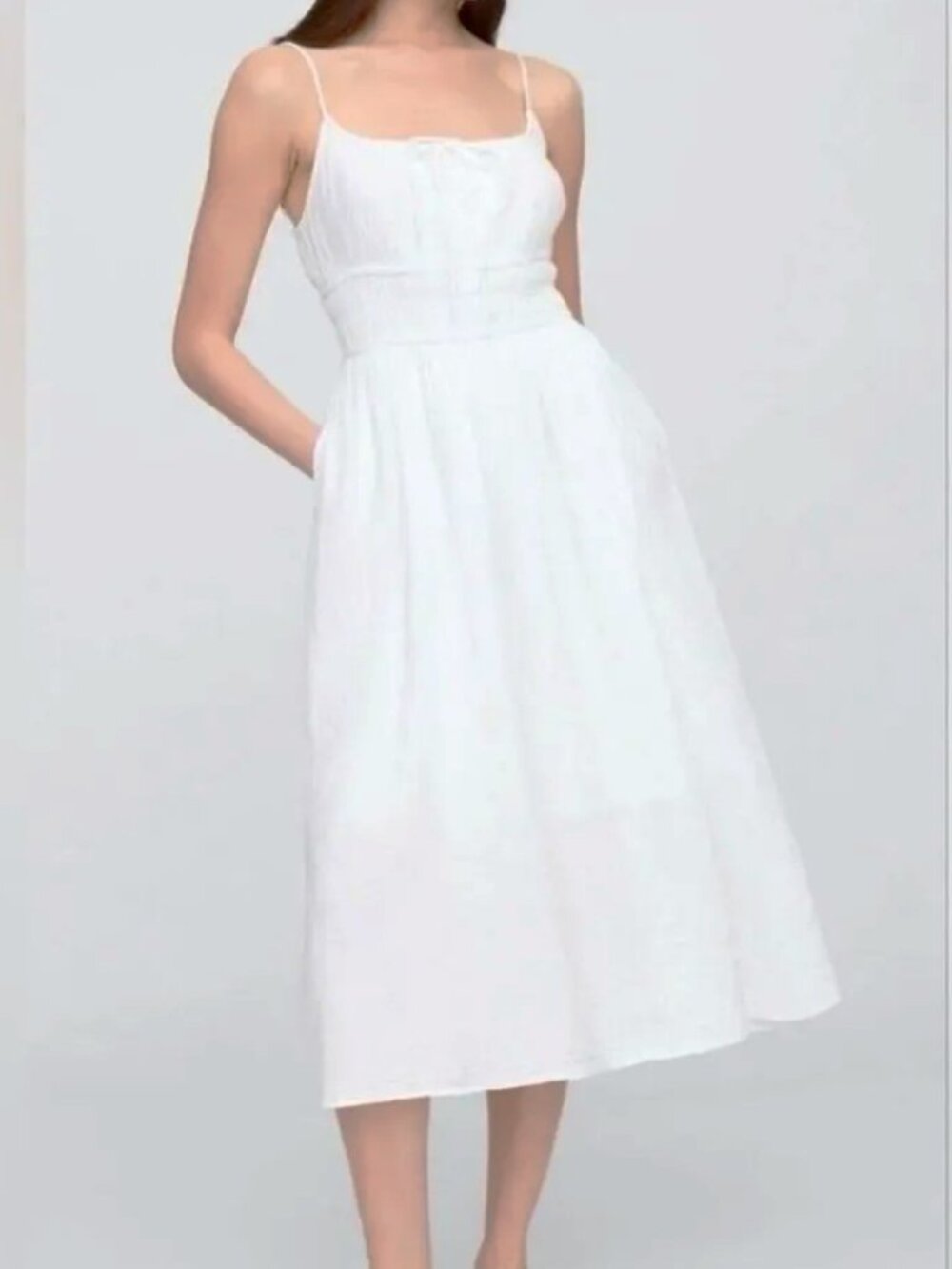 NWT GAP White COTTON Casual MIDI Dress POCKETS LINED Tie Front, Boho Cottagecore